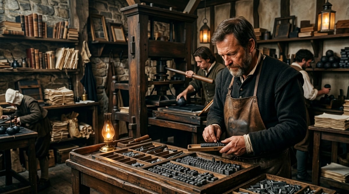 Atelier d'imprimerie anglais du XVIIe siècle avec caractères en plomb