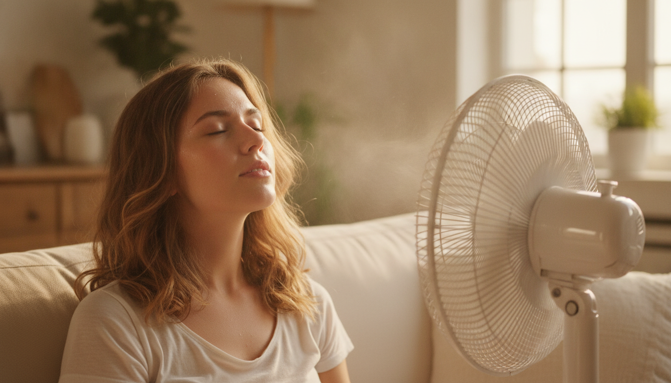 Femme transpirant devant un ventilateur en pleine chaleur