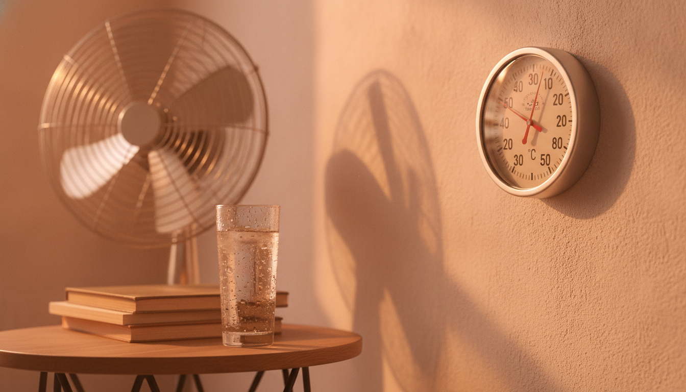 Thermomètre affichant 36 °C dans un appartement avec ventilateur