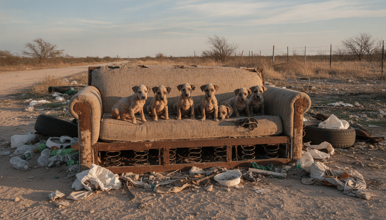 Sept chiots abandonnés sur un vieux canapé en bord de route