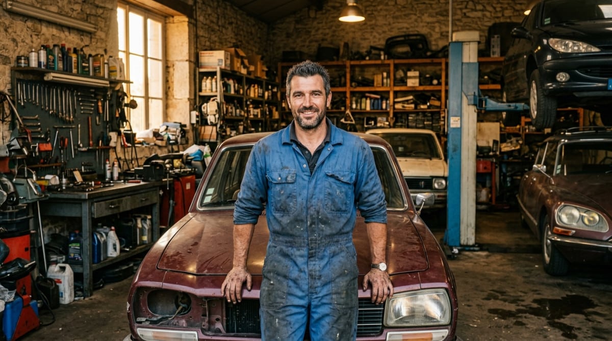Aurélien mécanicien dans son garage à Châteauroux