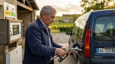 Automobiliste faisant le plein dans une station-service rurale