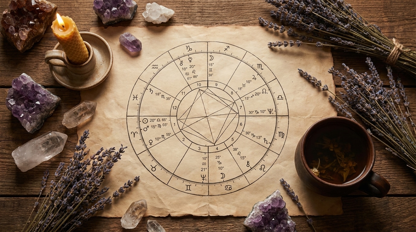 Carte astrologique entourée de cristaux et bougie sur table en bois