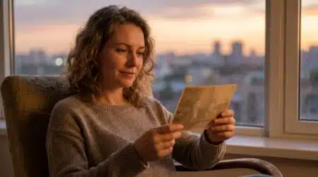 Femme songeuse tenant une vieille photo près d'une fenêtre