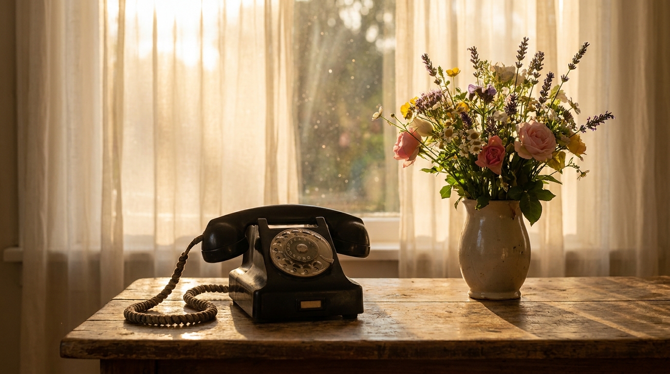 Téléphone vintage et fleurs d'été sur une table en bois