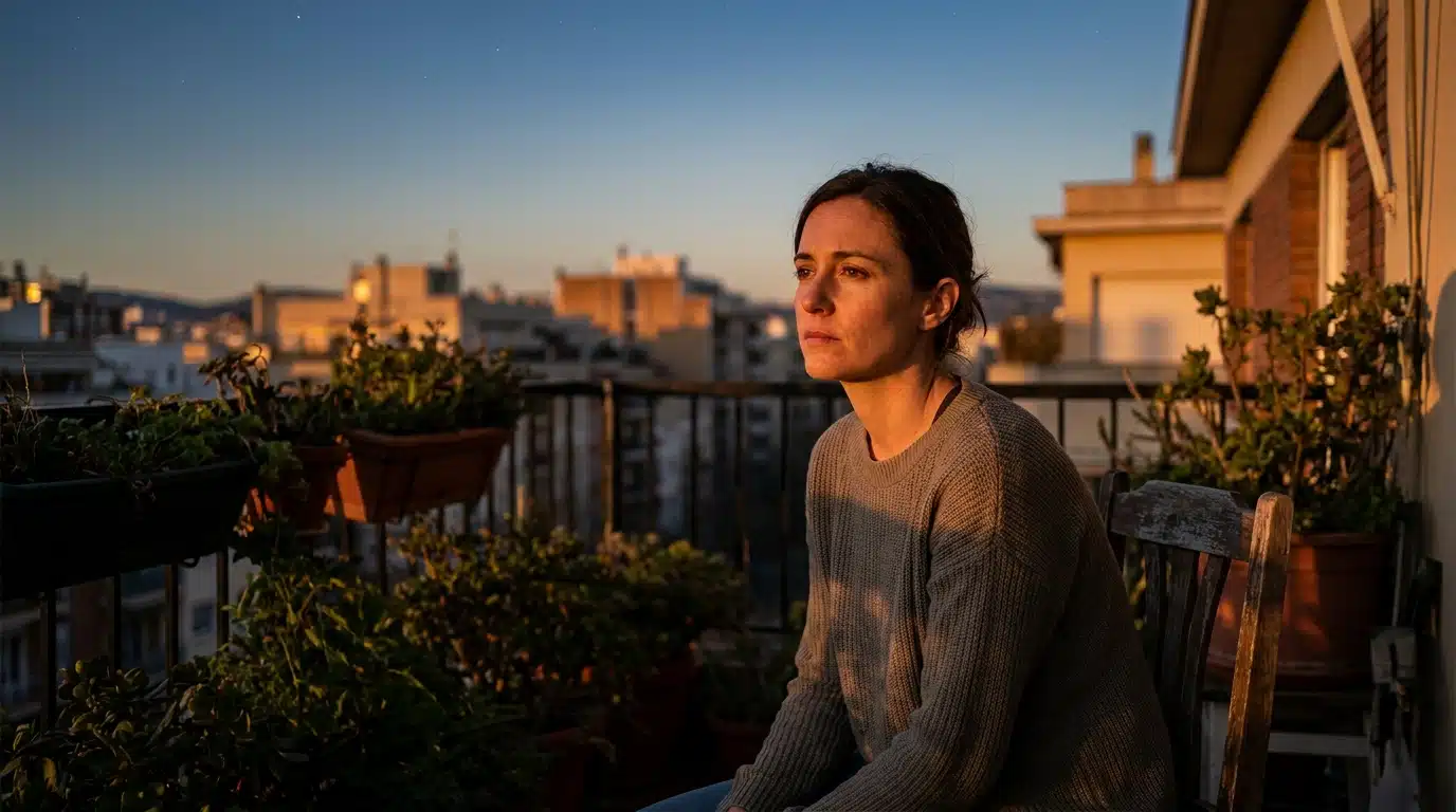 Femme pensive sur un balcon au crépuscule regardant le ciel