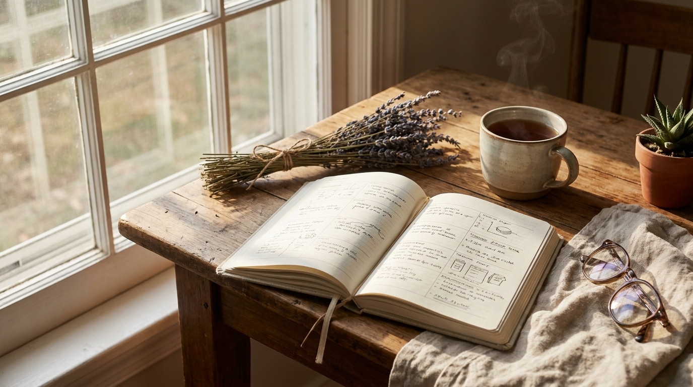 Carnet ouvert sur un bureau en bois avec lavande et tisane