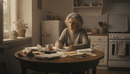 Retraitée française stressée par ses factures à la maison
