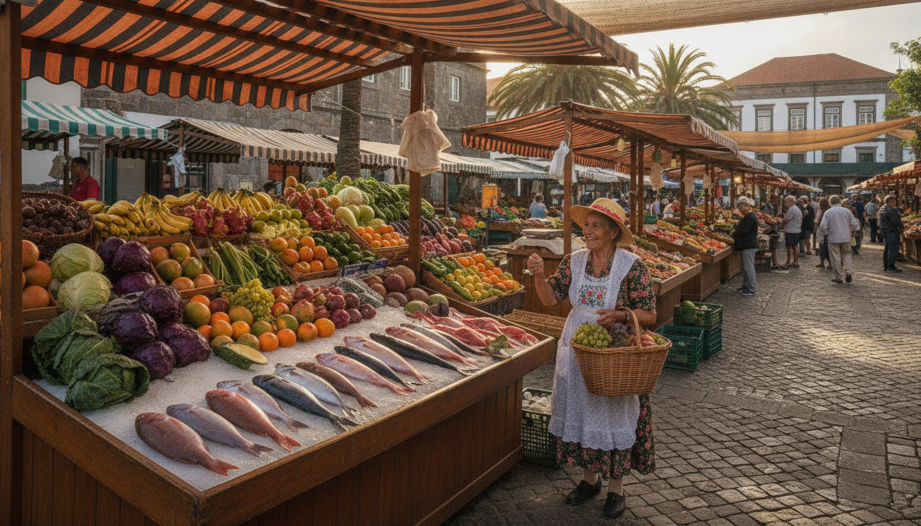 Marché local de Madère avec poissons frais et fruits tropicaux