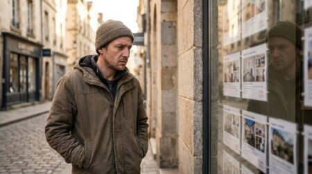 Personne regardant des annonces immobilières en vitrine