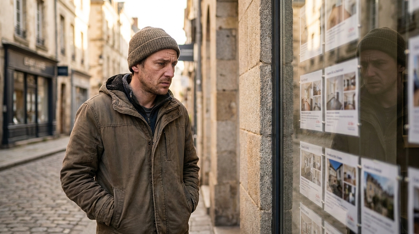 Personne regardant des annonces immobilières en vitrine