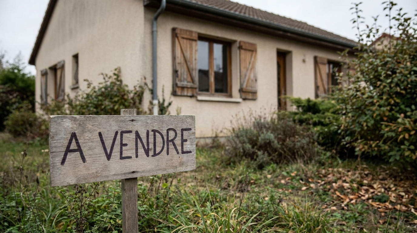 Panneau à vendre devant une maison aux volets fermés