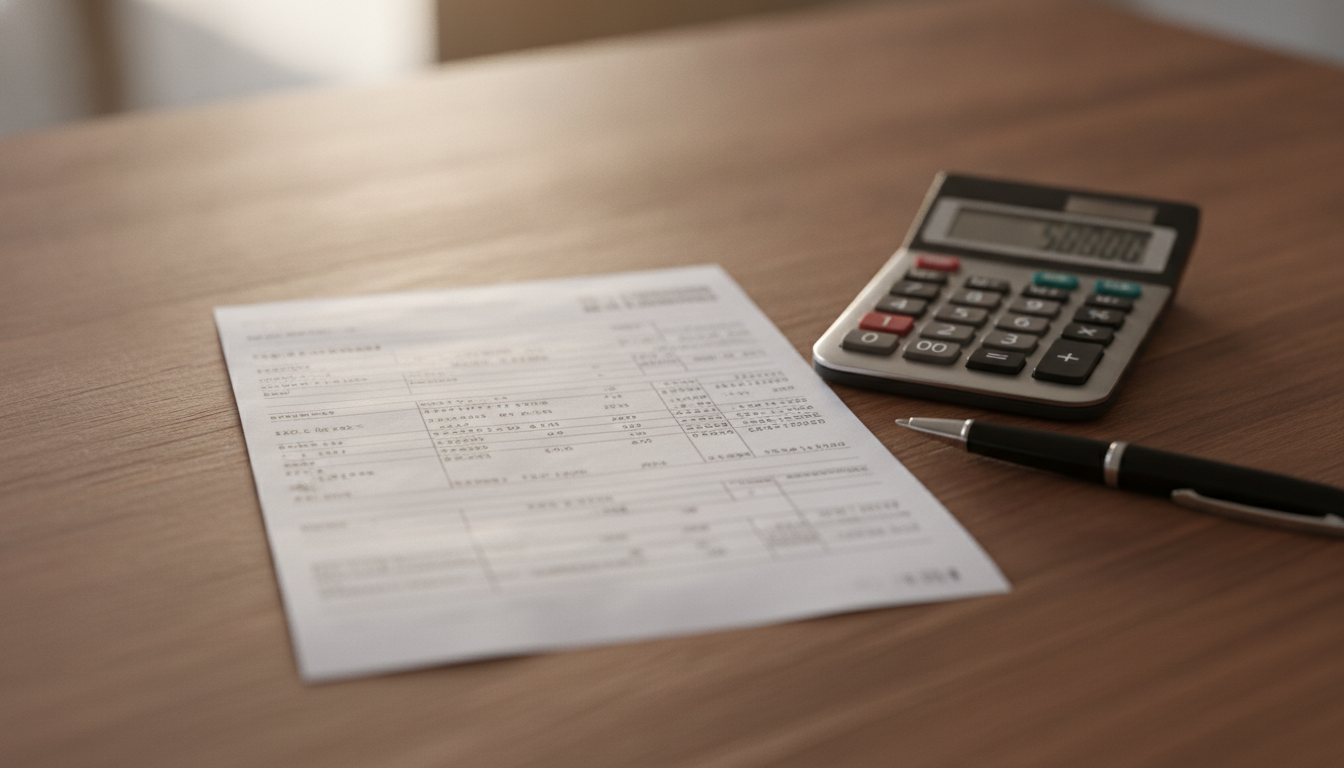 Bulletin de paie posé sur un bureau avec calculatrice