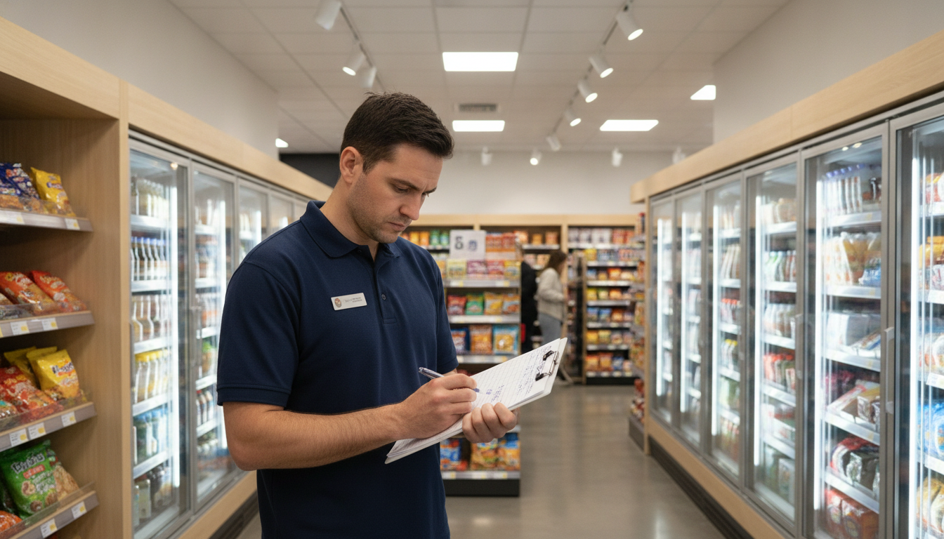 Manager organisant les plannings dans un magasin de surgelés