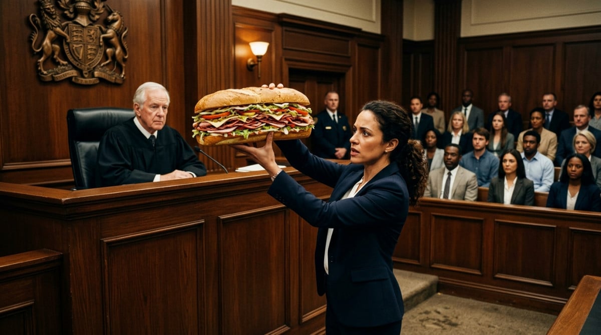 Avocat présentant un sandwich comme preuve au tribunal