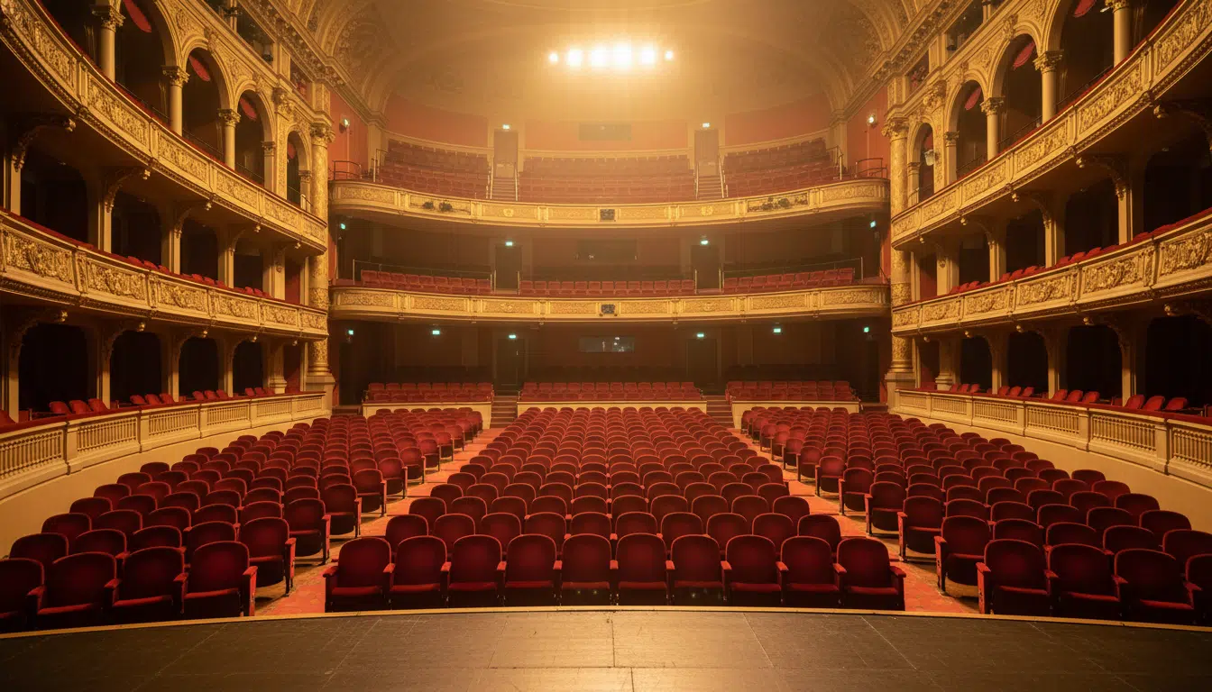 Grande salle de concert vide vue depuis la scène, rangées de sièges rouges sous les projecteurs