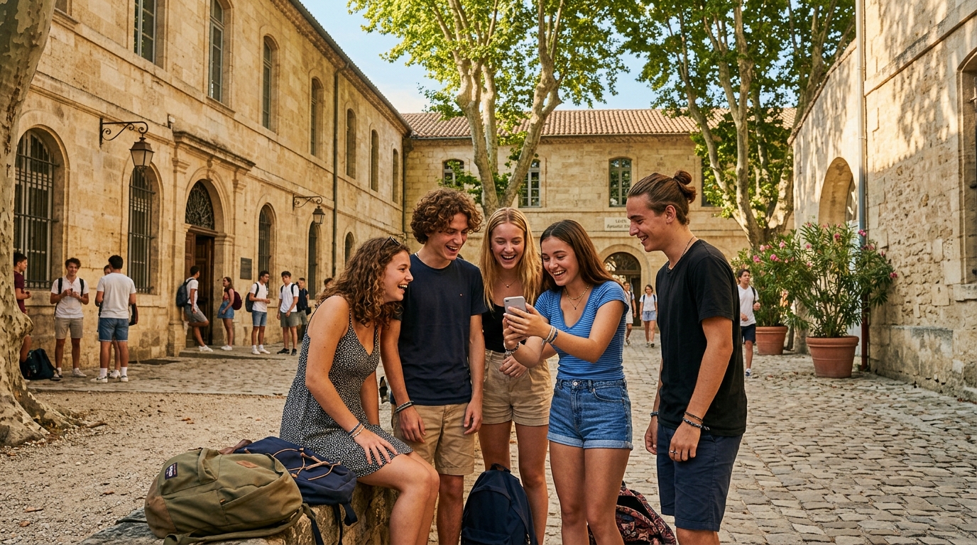Lycéens riant à la sortie de l'épreuve de philo à Nîmes
