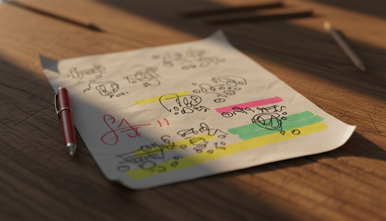 Copie d'examen annotée avec mots-clés surlignés