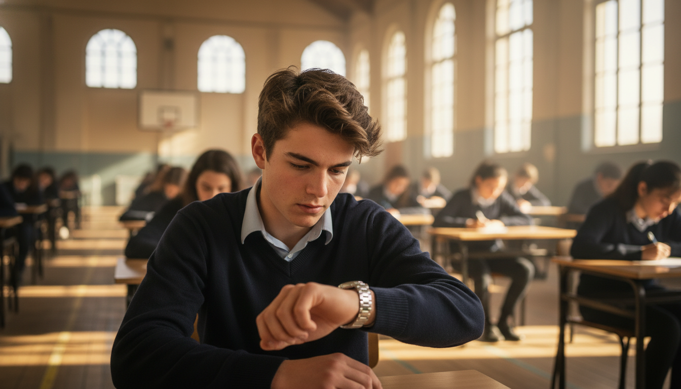 Élève vérifiant l'heure pendant une épreuve du bac