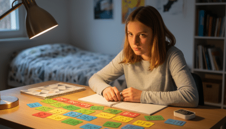 Lycéen concentré révisant avec des fiches actives au bureau