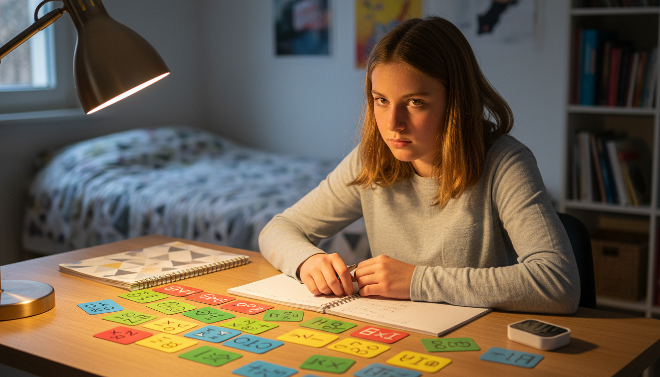 Lycéen concentré révisant avec des fiches actives au bureau