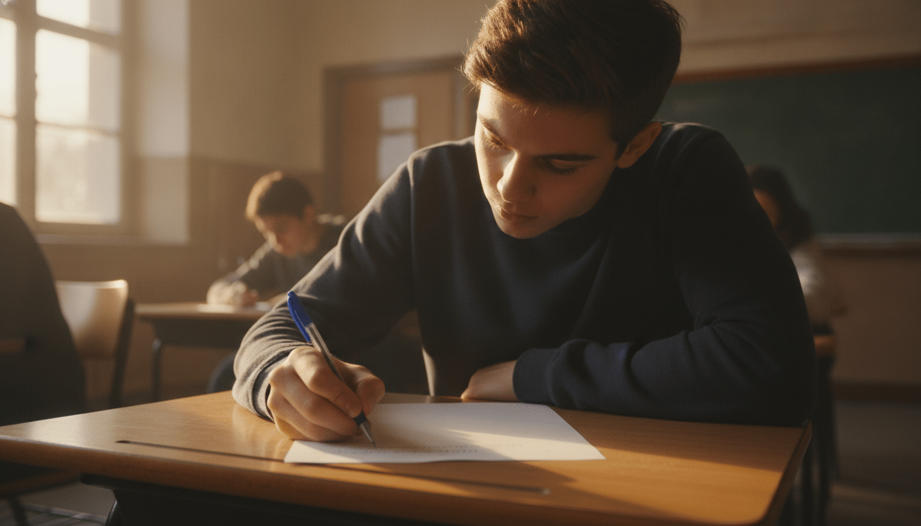 Lycéen concentré rédigeant sa copie du bac