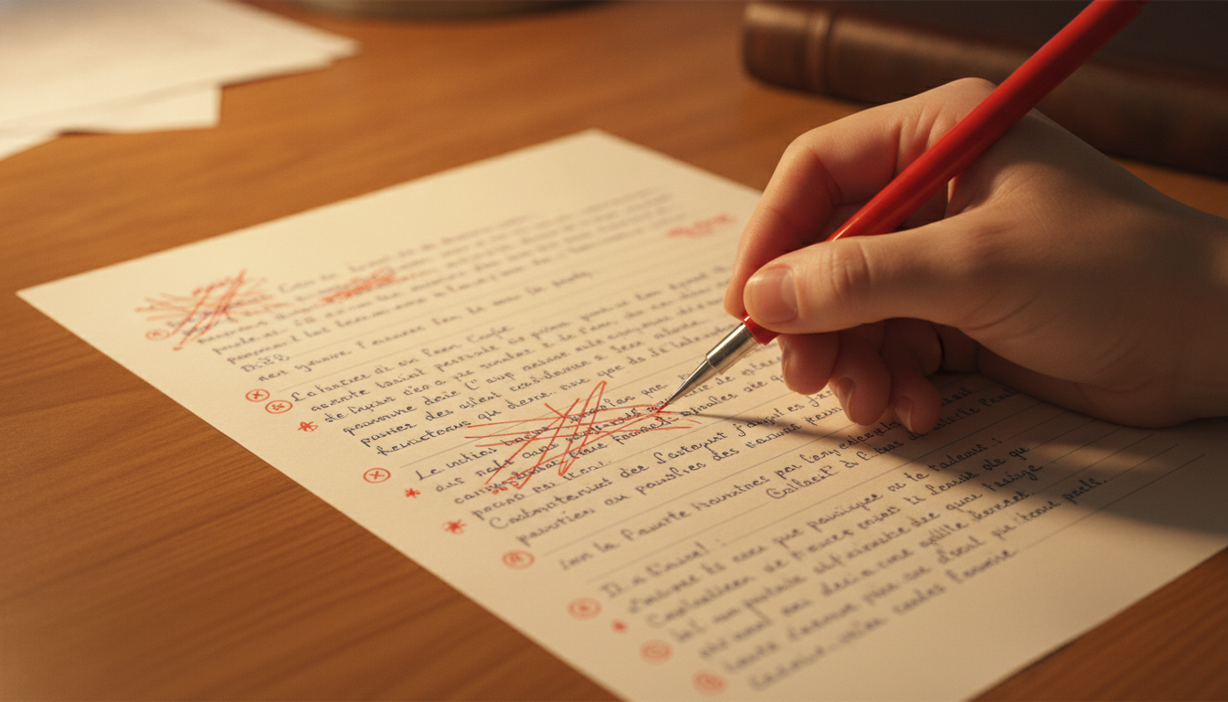 Correcteur annotant une copie d'examen au stylo rouge