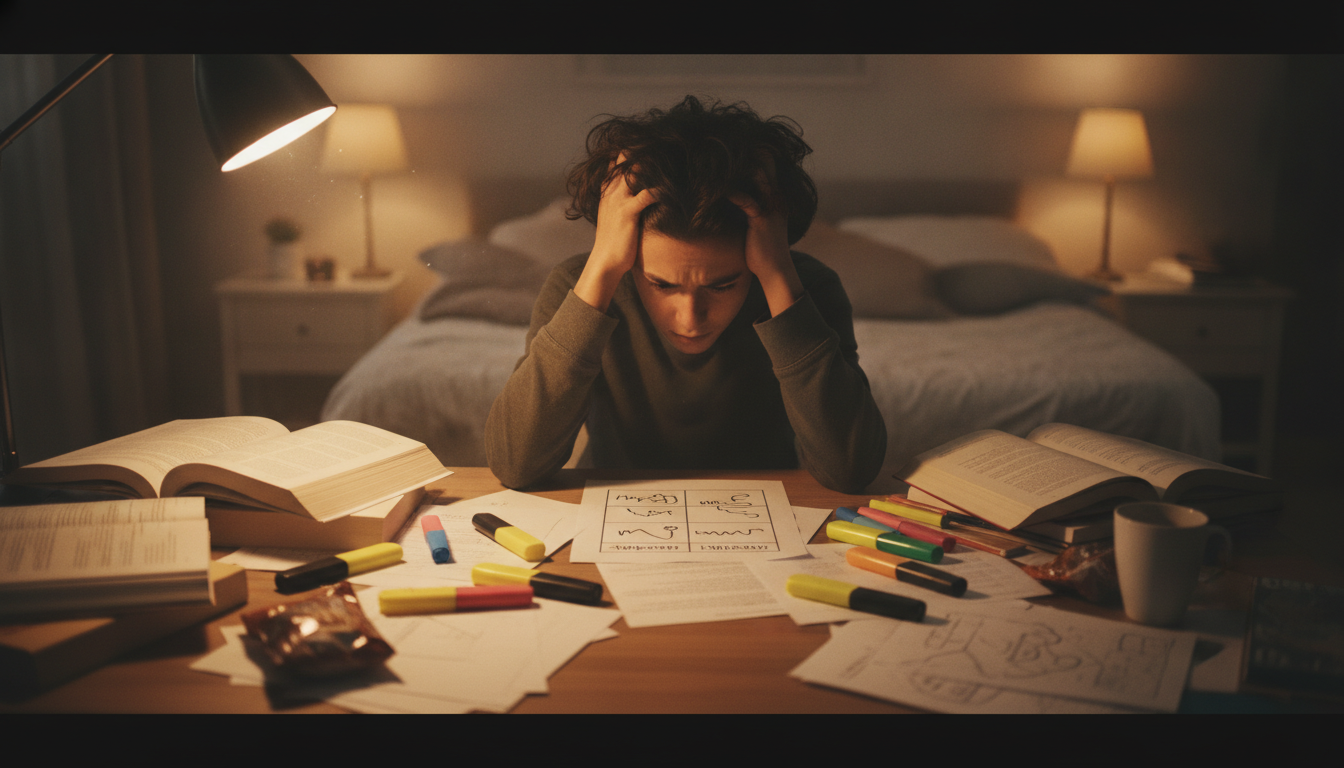 Lycéenne stressée préparant son plan de dissertation
