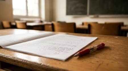Copie manuscrite annotée au stylo rouge sur un bureau d'école
