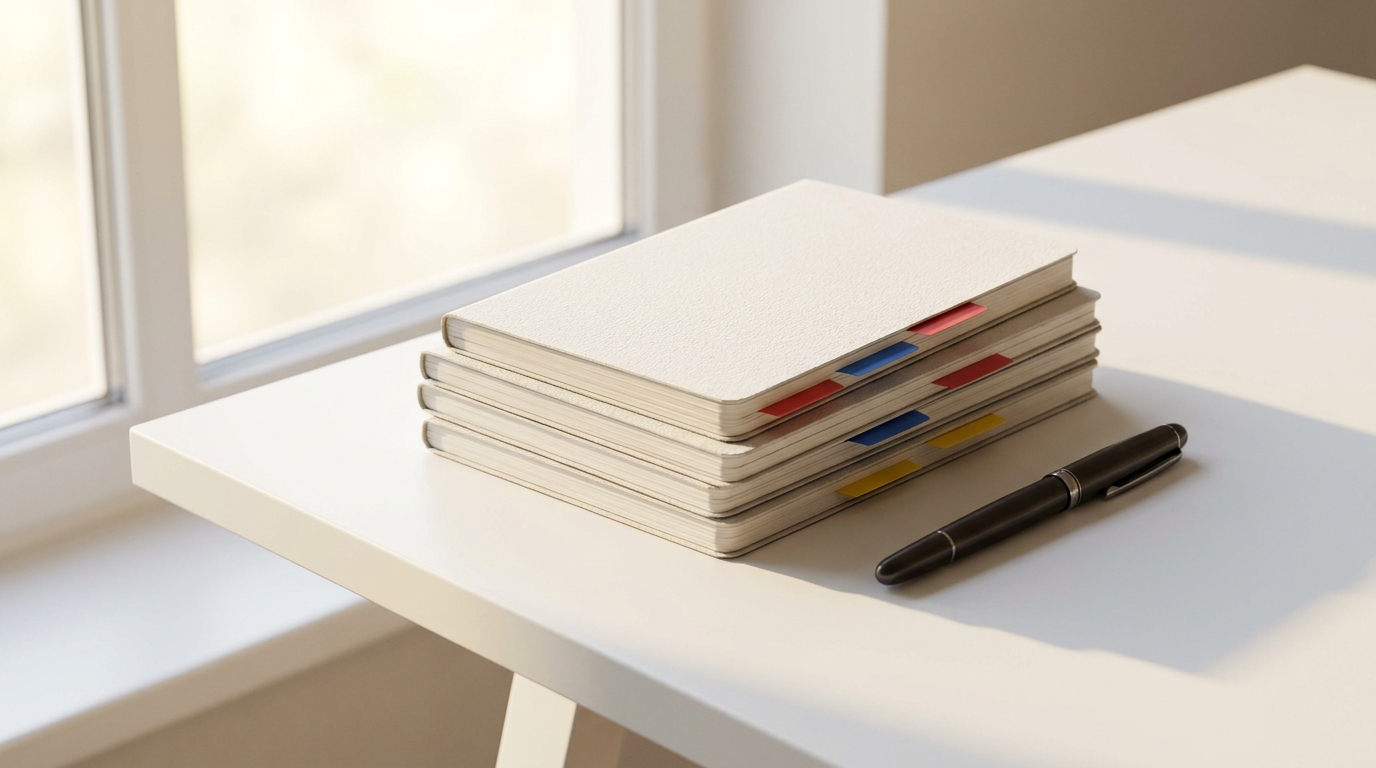 Cahiers empilés avec intercalaires colorés et stylo-plume sur un bureau