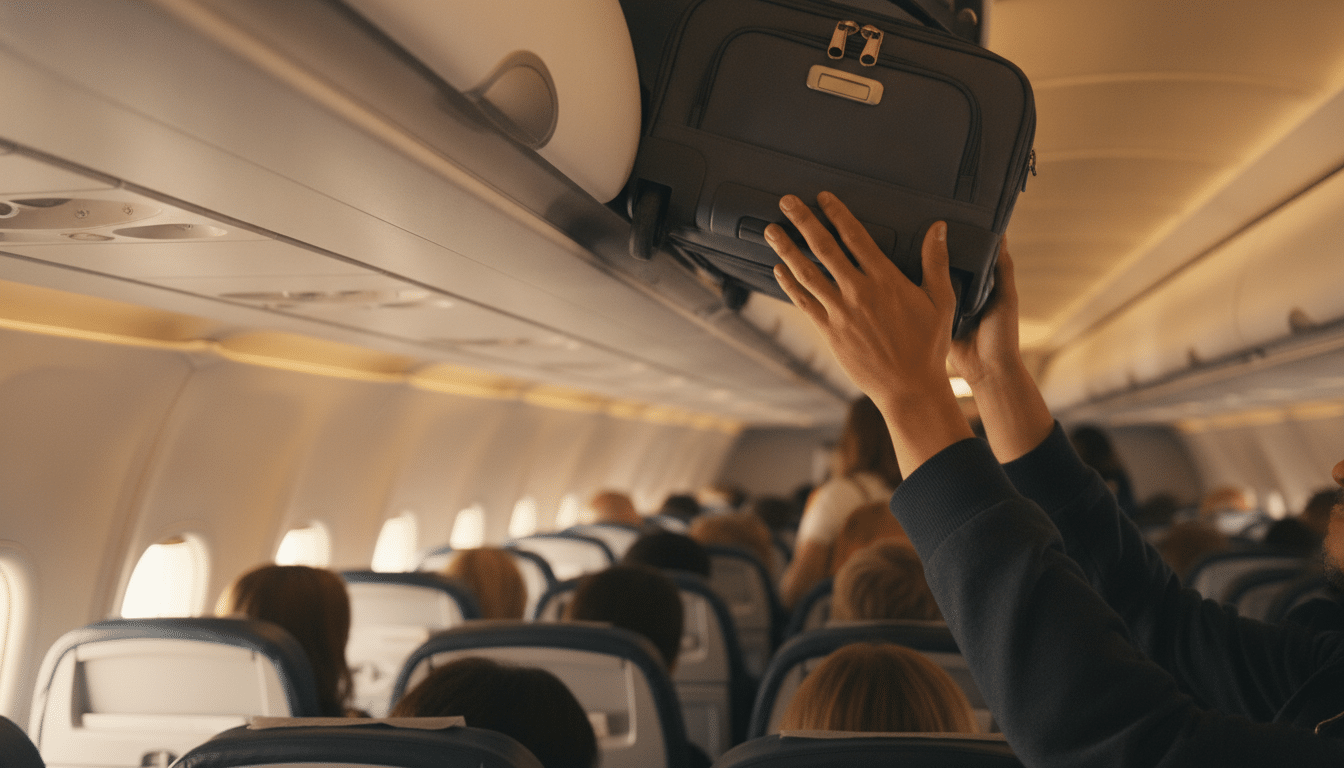 Passager rangeant un bagage cabine dans un avion
