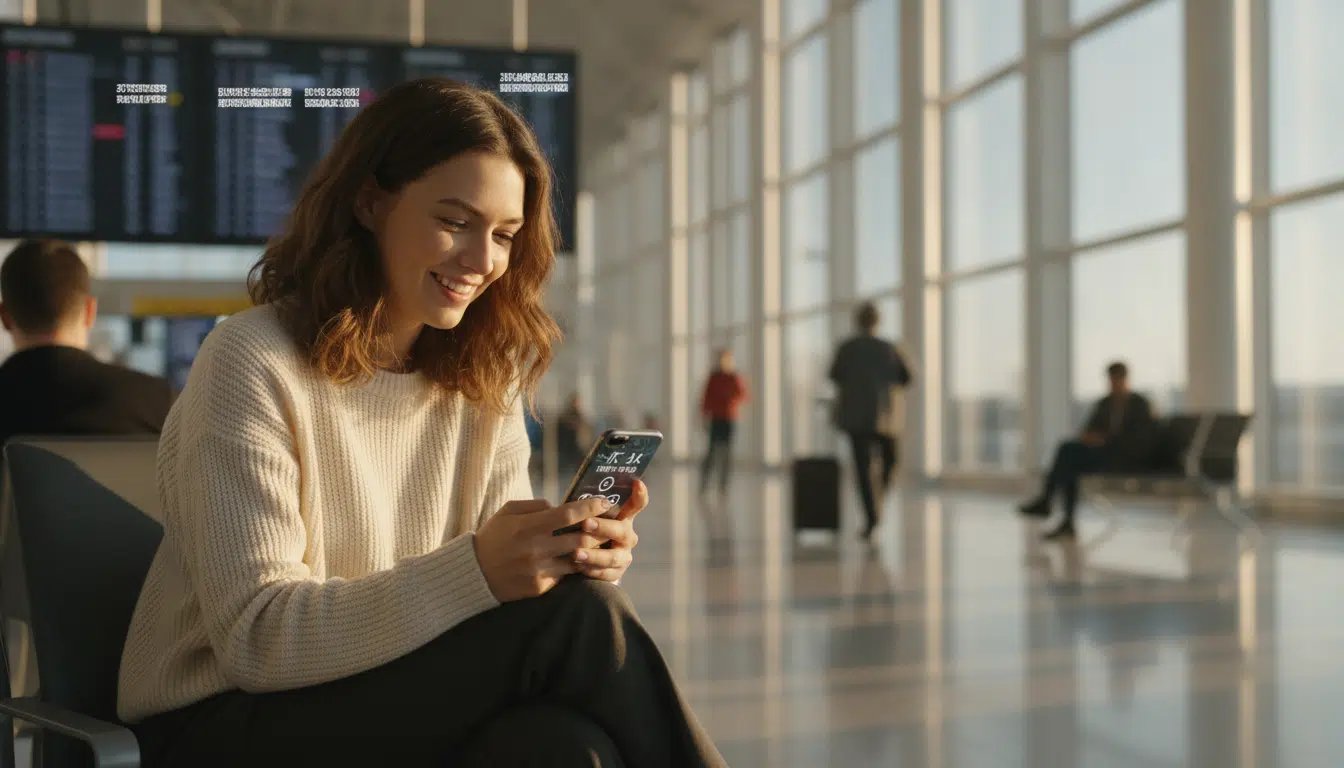 Voyageuse consultant une alerte de retard de vol sur son téléphone