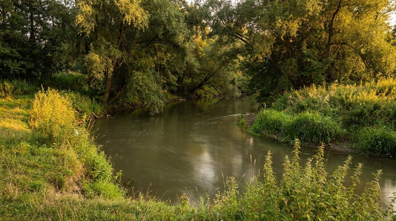 Fleuve Hérault au crépuscule avec courant visible sous la surface