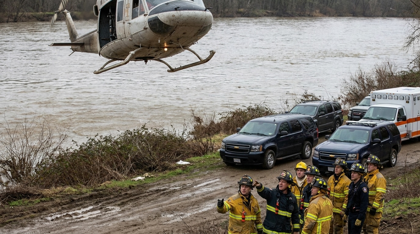 Hélicoptère de secours survolant une rivière avec pompiers sur la berge