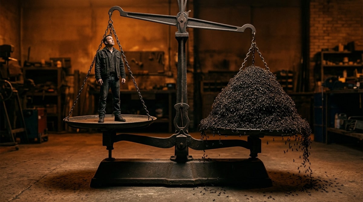 Balance comparant le poids des fourmis et d'un humain