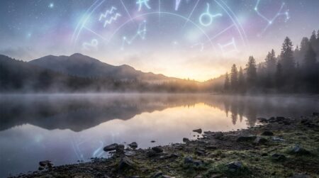 Ciel étoilé aux teintes violettes reflété sur un lac calme