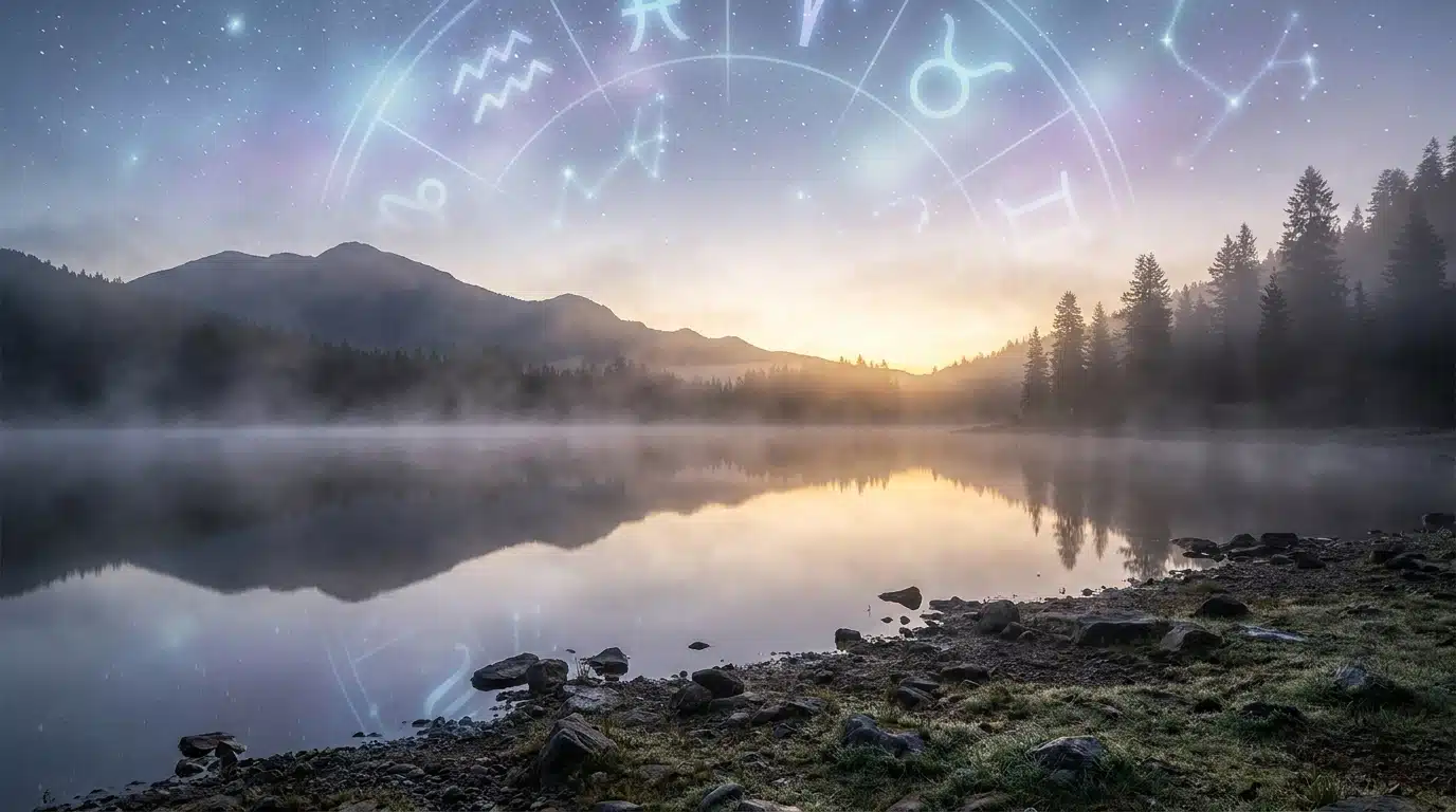 Ciel étoilé aux teintes violettes reflété sur un lac calme