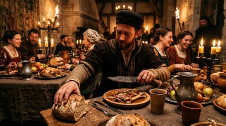 Banquet médiéval avec pain posé à gauche de l'assiette