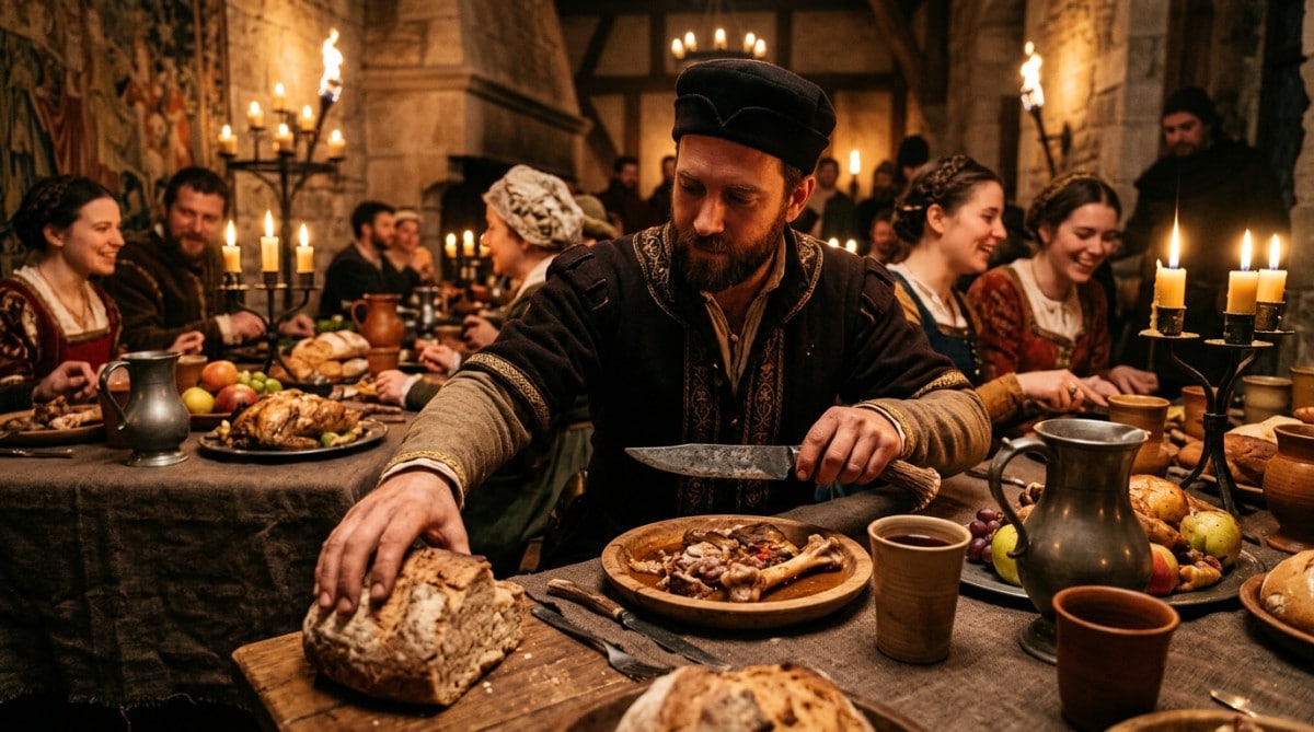 Banquet médiéval avec pain posé à gauche de l'assiette