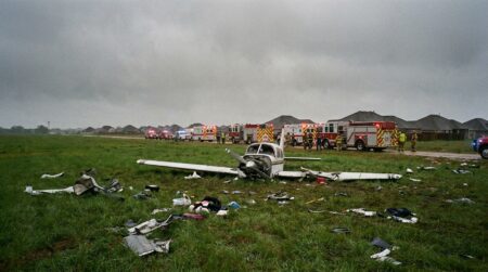Débris d'un petit avion dans un champ près de lotissements