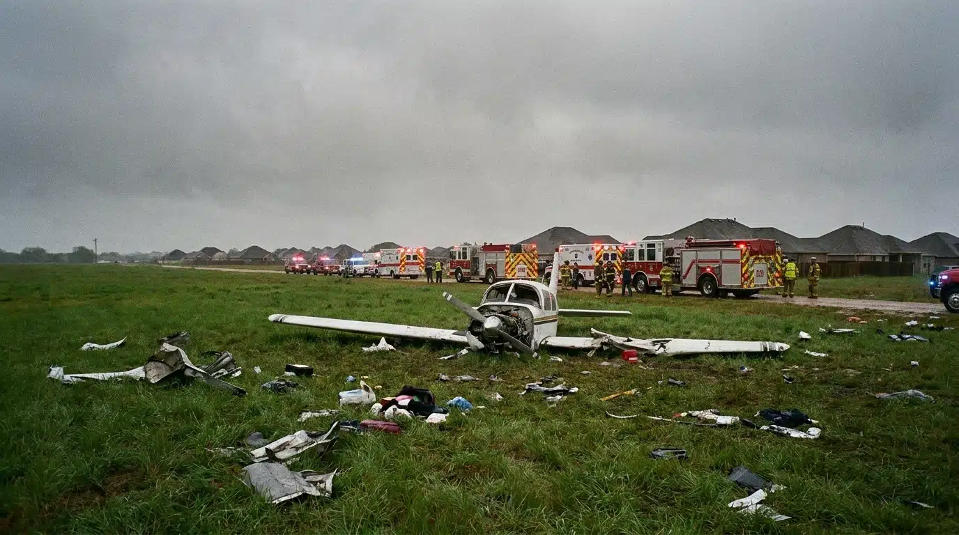 Débris d'un petit avion dans un champ près de lotissements