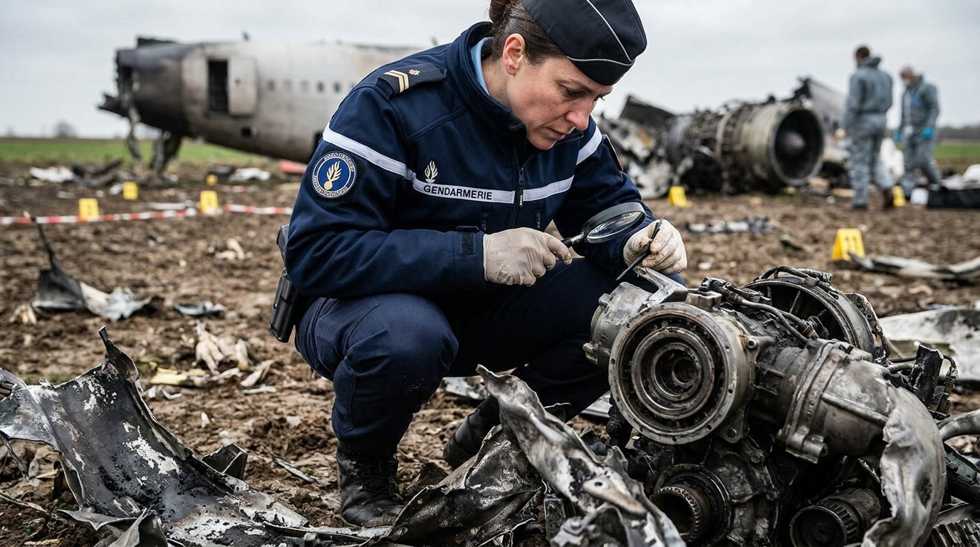 Enquêteur de gendarmerie examinant les restes d'un moteur d'avion