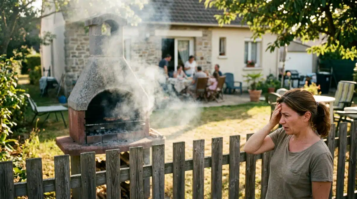 Barbecue en pierre fumant près d'une clôture de voisin