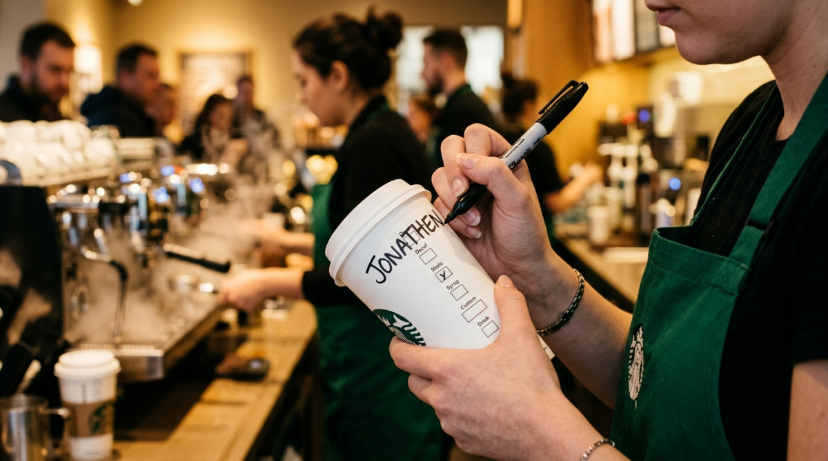 Barista écrivant un prénom sur un gobelet Starbucks