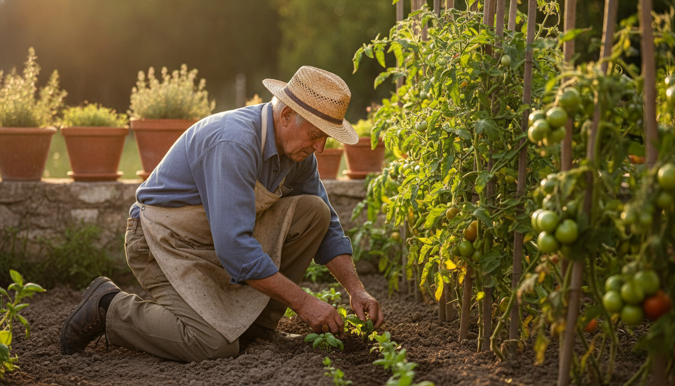 Jardinier plantant du basilic au pied des tomates