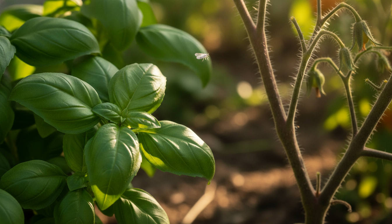 Feuilles de basilic près de pieds de tomates au potager