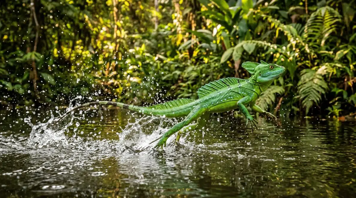 Basilic vert courant sur la surface de l'eau