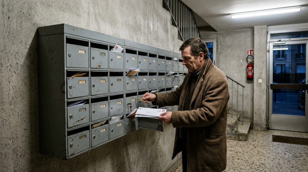 Batteries de boîtes aux lettres métalliques dans un hall d'immeuble années 1960