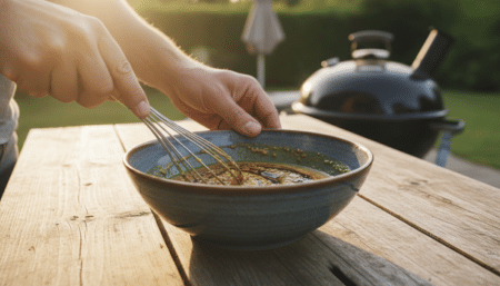 Préparation de la marinade miel moutarde soja dans un bol