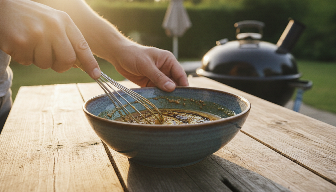 Préparation de la marinade miel moutarde soja dans un bol